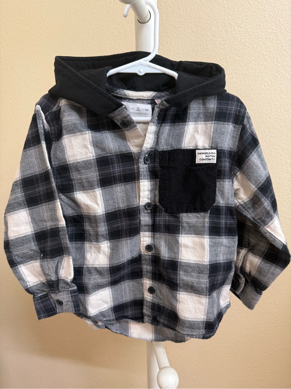 Zara Black & White Plaid Hooded Button-Down Shirt - Kids